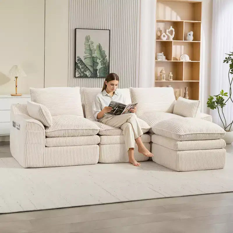 L Shaped Sectional Sofa, Corduroy Couch with Movable Ottoman, Compressed Modular Corner Couch for Living Room - ModernLuxe