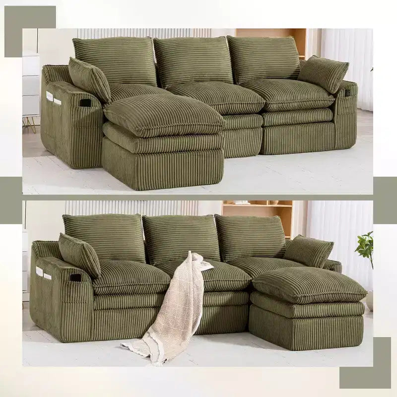 L Shaped Sectional Sofa, Corduroy Couch with Movable Ottoman, Compressed Modular Corner Couch for Living Room - ModernLuxe