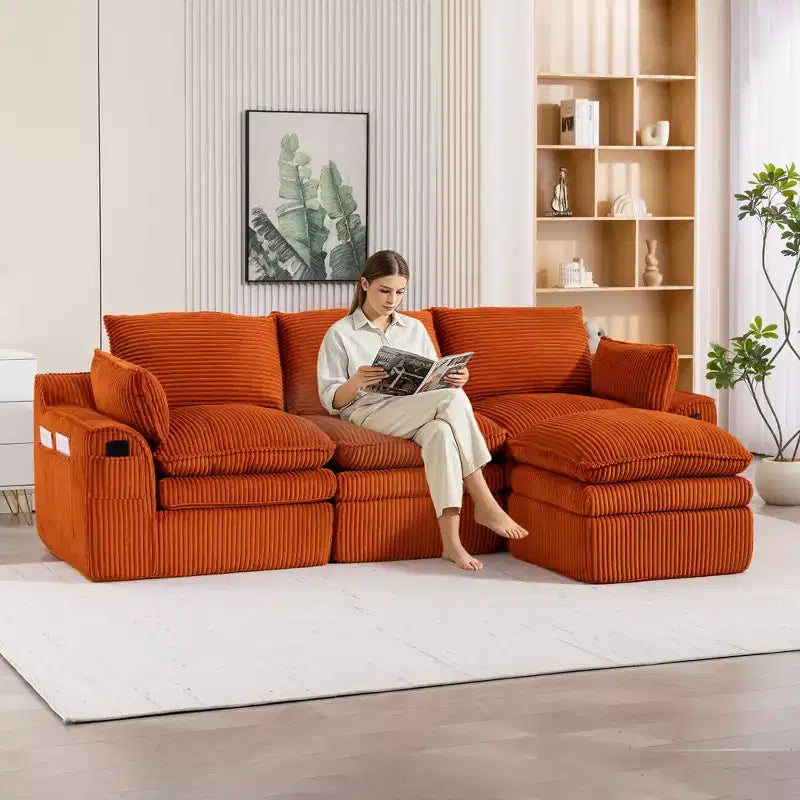 L Shaped Sectional Sofa, Corduroy Couch with Movable Ottoman, Compressed Modular Corner Couch for Living Room - ModernLuxe