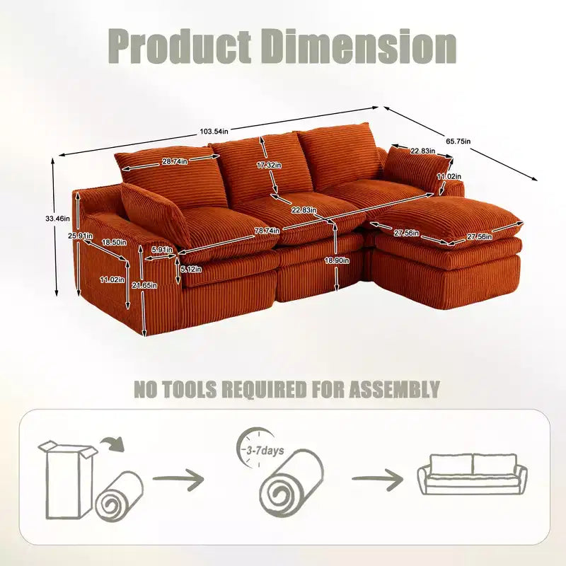L Shaped Sectional Sofa, Corduroy Couch with Movable Ottoman, Compressed Modular Corner Couch for Living Room - ModernLuxe