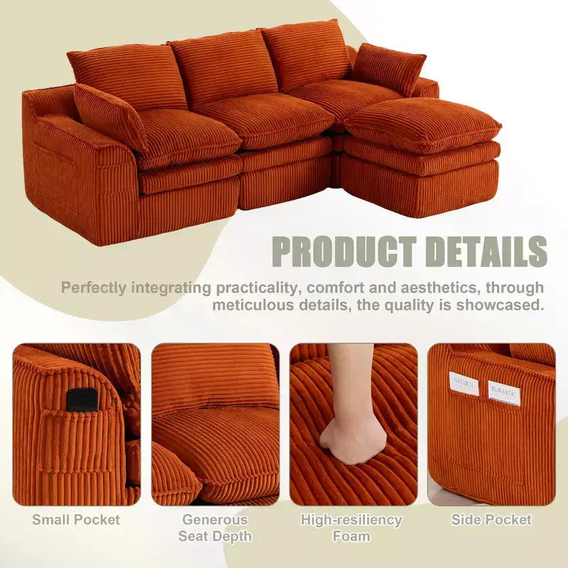 L Shaped Sectional Sofa, Corduroy Couch with Movable Ottoman, Compressed Modular Corner Couch for Living Room - ModernLuxe
