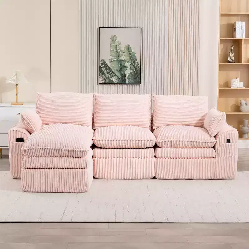 L Shaped Sectional Sofa, Corduroy Couch with Movable Ottoman, Compressed Modular Corner Couch for Living Room - ModernLuxe