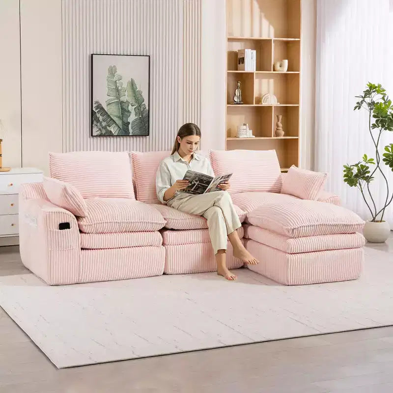 L Shaped Sectional Sofa, Corduroy Couch with Movable Ottoman, Compressed Modular Corner Couch for Living Room - ModernLuxe