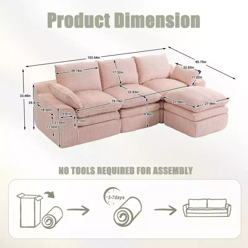 L Shaped Sectional Sofa, Corduroy Couch with Movable Ottoman, Compressed Modular Corner Couch for Living Room - ModernLuxe