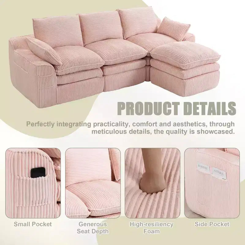 L Shaped Sectional Sofa, Corduroy Couch with Movable Ottoman, Compressed Modular Corner Couch for Living Room - ModernLuxe
