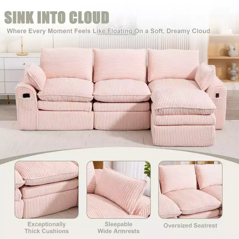 L Shaped Sectional Sofa, Corduroy Couch with Movable Ottoman, Compressed Modular Corner Couch for Living Room - ModernLuxe