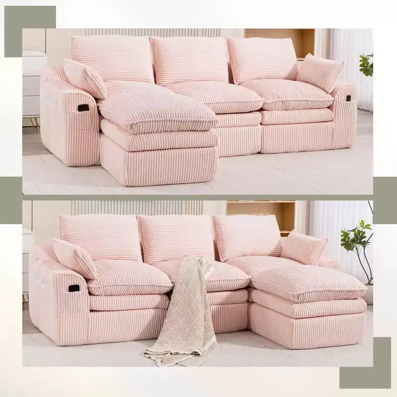 L Shaped Sectional Sofa, Corduroy Couch with Movable Ottoman, Compressed Modular Corner Couch for Living Room - ModernLuxe