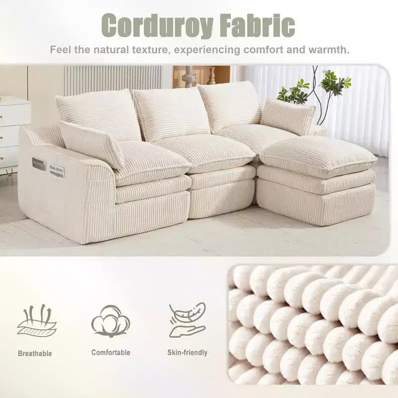 L Shaped Sectional Sofa, Corduroy Couch with Movable Ottoman, Compressed Modular Corner Couch for Living Room - ModernLuxe
