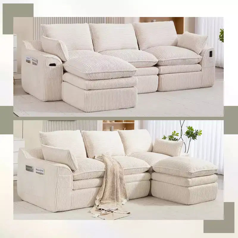 L Shaped Sectional Sofa, Corduroy Couch with Movable Ottoman, Compressed Modular Corner Couch for Living Room - ModernLuxe
