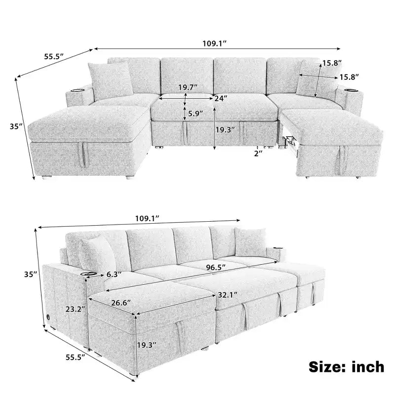 109.1 Sectional Sofa Convertible Pull-out Sofa Bed L-shaped Sofa with Movable Storage Ottoman