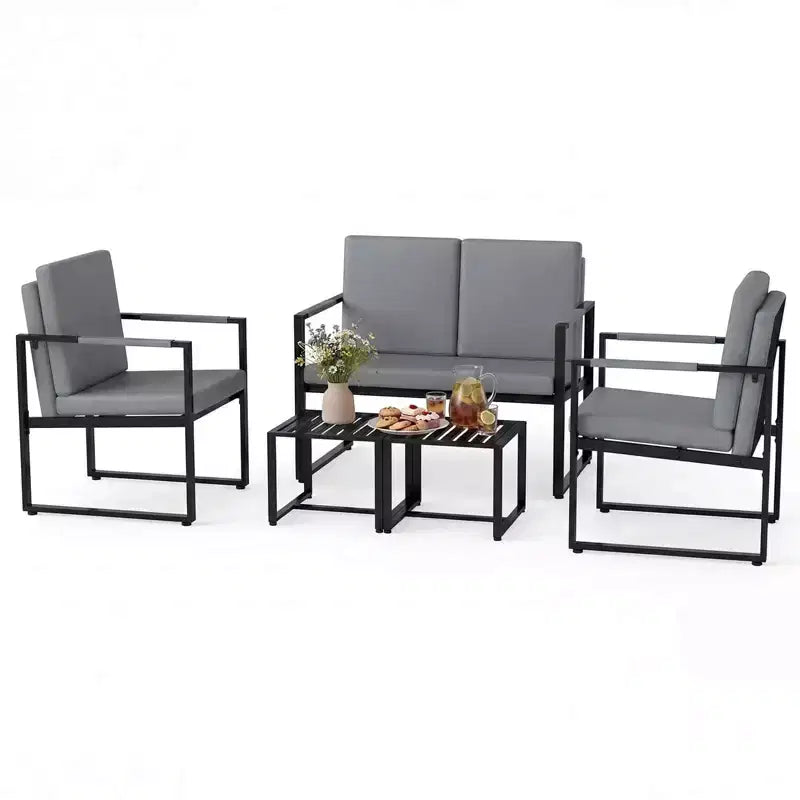 Costway 5 PCS Living Room Set with Loveseat, 2 Accent Chairs, 2 Coffee Tables, Cushions Gray/Brown + Black