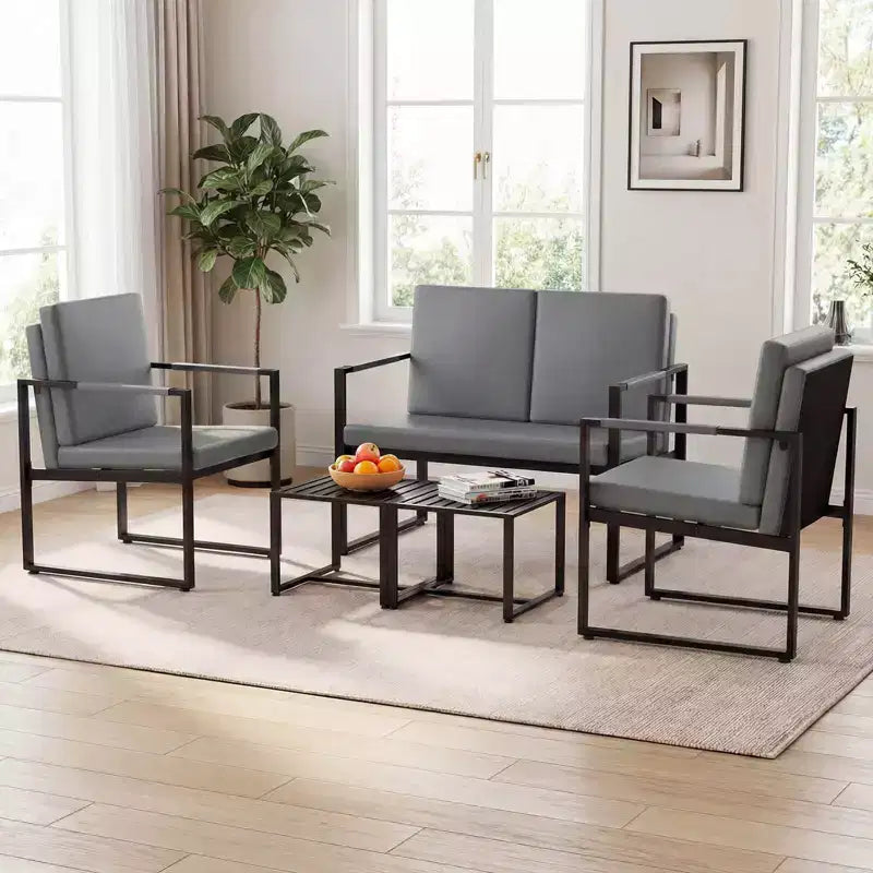 Costway 5 PCS Living Room Set with Loveseat, 2 Accent Chairs, 2 Coffee Tables, Cushions Gray/Brown + Black