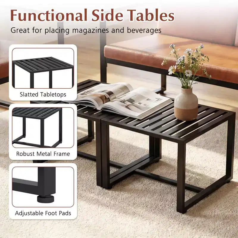 Costway 5 PCS Living Room Set with Loveseat, 2 Accent Chairs, 2 Coffee Tables, Cushions Gray/Brown + Black