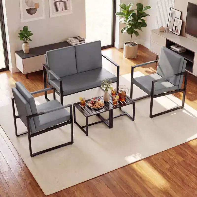 Costway Ensemble de 5 pièces pour salon avec causeuse, 2 fauteuils d'appoint, 2 tables basses, coussins gris/marron + noir