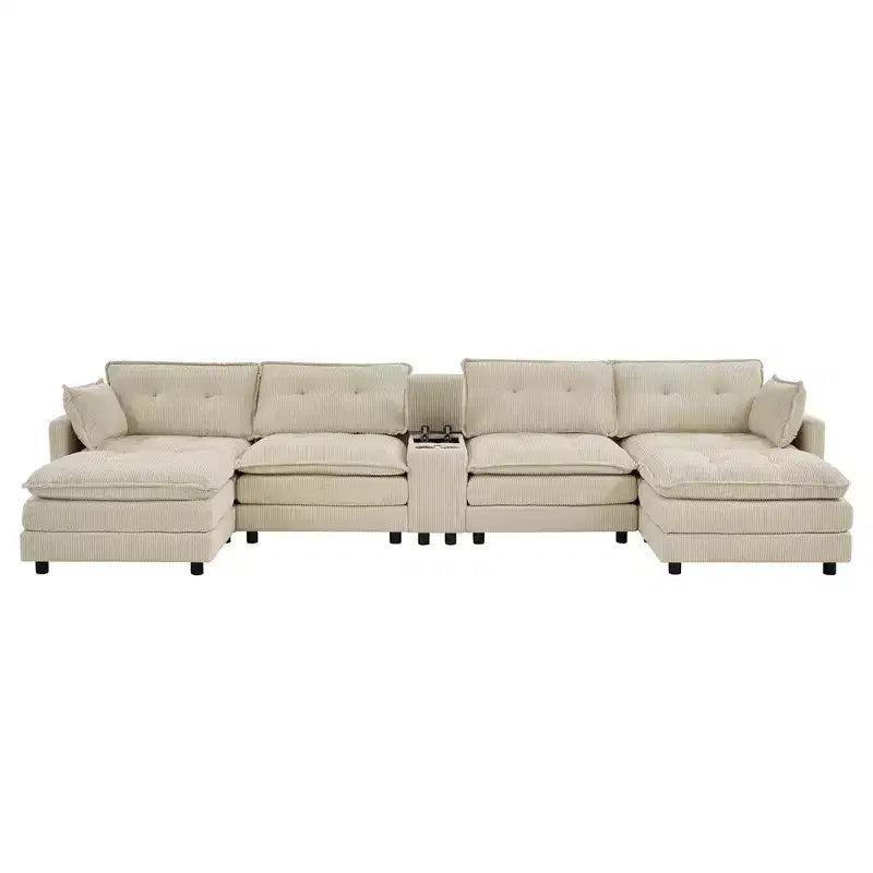 GDFStudio Ara Modern 154 U-Shaped Wooden Corduroy Upholstered Sectional Sofa with Ottoman, USB and Cup Holder