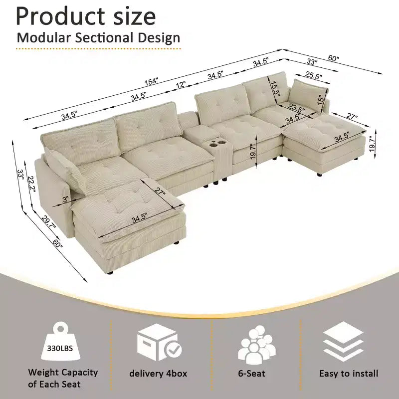 GDFStudio Ara Modern 154 U-Shaped Wooden Corduroy Upholstered Sectional Sofa with Ottoman, USB and Cup Holder