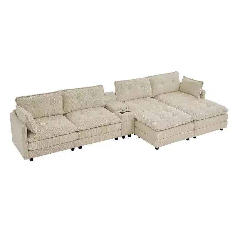 GDFStudio Ara Modern 154 U-Shaped Wooden Corduroy Upholstered Sectional Sofa with Ottoman, USB and Cup Holder