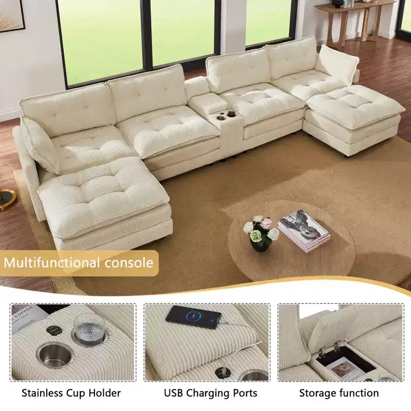 GDFStudio Ara Modern 154 U-Shaped Wooden Corduroy Upholstered Sectional Sofa with Ottoman, USB and Cup Holder