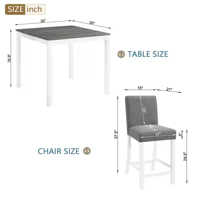 GDFStudio Roseanne 5 Piece Modern Rubberwood Counter Height Dining Table Set with 4 Linen Upholstered Chairs