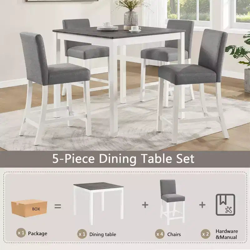 GDFStudio Roseanne 5 Piece Modern Rubberwood Counter Height Dining Table Set with 4 Linen Upholstered Chairs