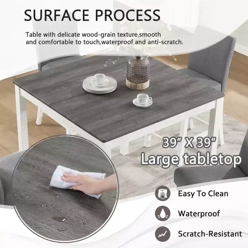 GDFStudio Roseanne 5 Piece Modern Rubberwood Counter Height Dining Table Set with 4 Linen Upholstered Chairs