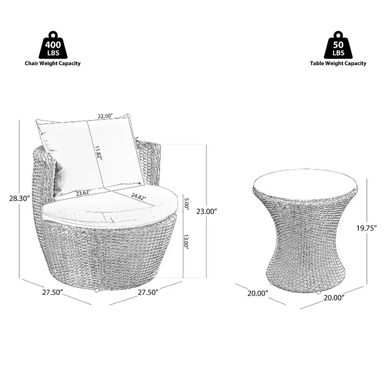 ModernLuxe 3pcs Outdoor Conversation Set Wicker Patio Chat Set, PE Rattan Chairs with Cushions & Tempered Glass Table