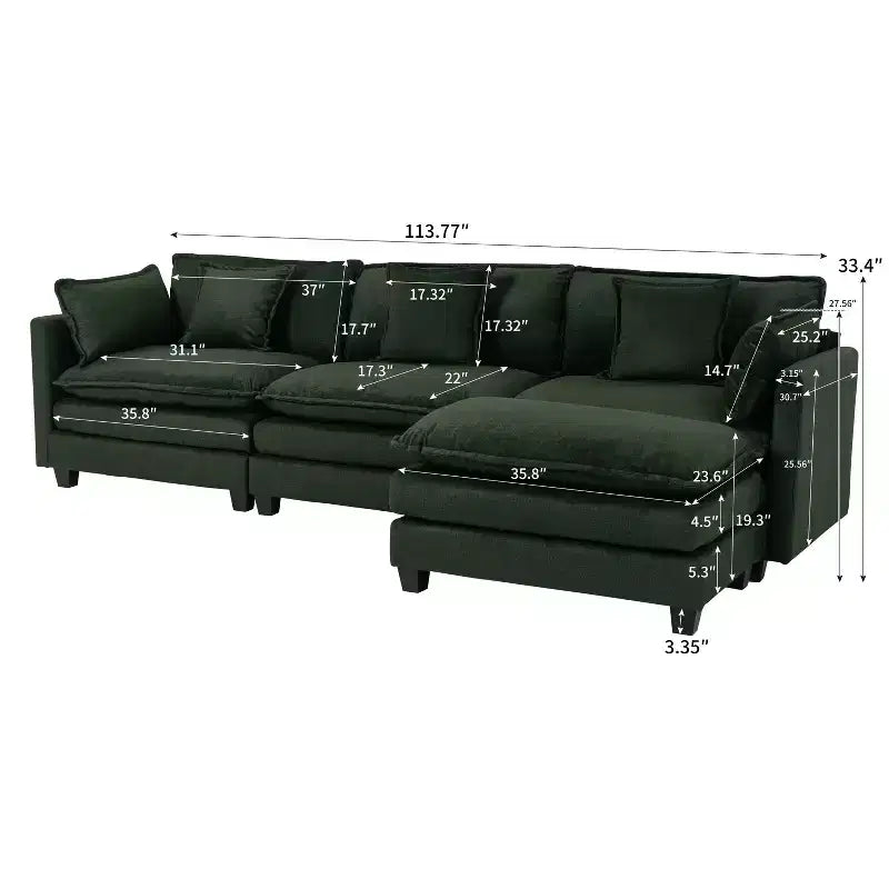 GDFStudio Fairmont 113.77 3-Seat Modular Chenille Upholstered Sectional Sofa with Ottoman and Waist Pillows