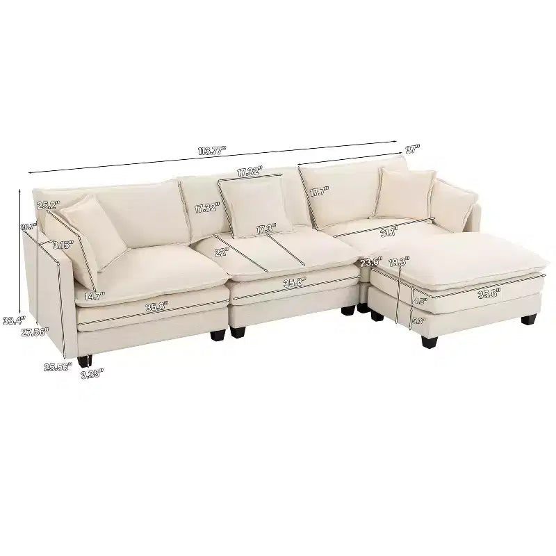 GDFStudio Fairmont 113.77 3-Seat Modular Chenille Upholstered Sectional Sofa with Ottoman and Waist Pillows