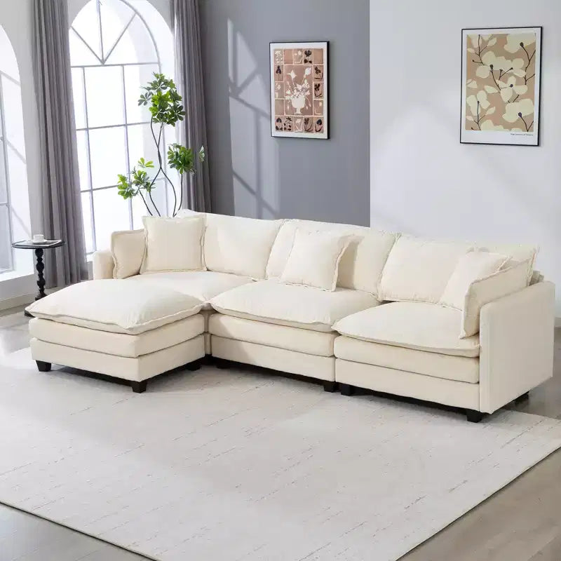 GDFStudio Fairmont 113.77 3-Seat Modular Chenille Upholstered Sectional Sofa with Ottoman and Waist Pillows
