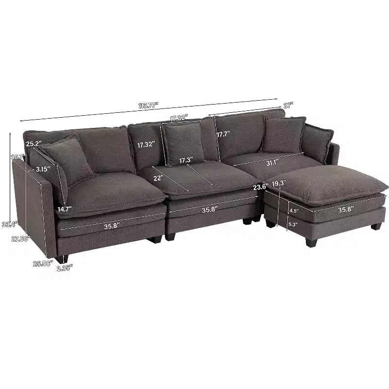 GDFStudio Fairmont 113.77 3-Seat Modular Chenille Upholstered Sectional Sofa with Ottoman and Waist Pillows