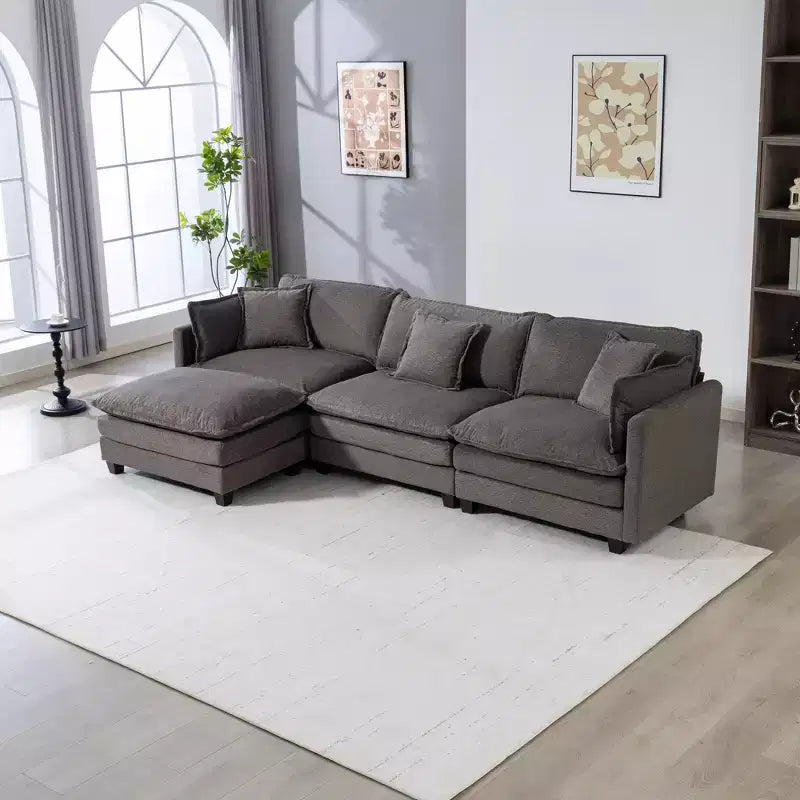 GDFStudio Fairmont 113.77 3-Seat Modular Chenille Upholstered Sectional Sofa with Ottoman and Waist Pillows