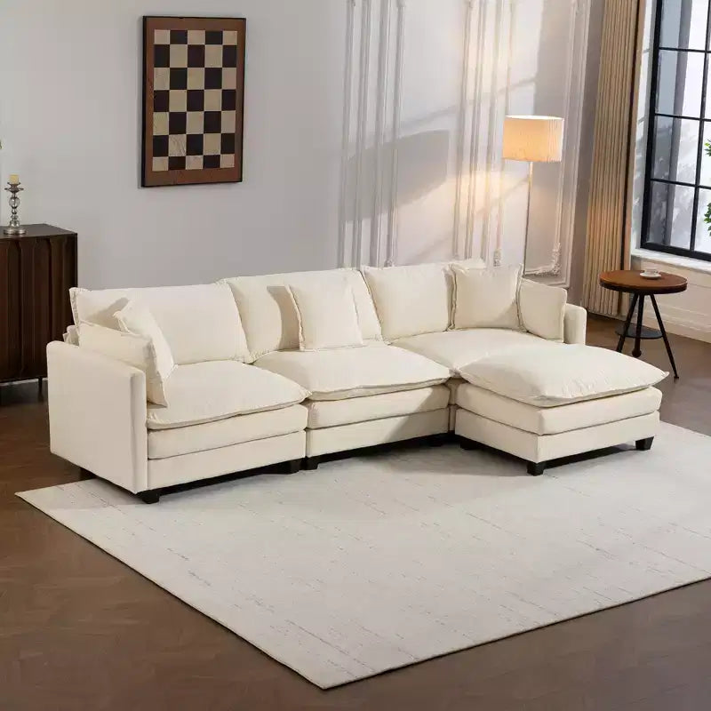 Canapé d'angle modulable 3 places GDFStudio Fairmont 113,77 en tissu chenille avec pouf et coussins lombaires