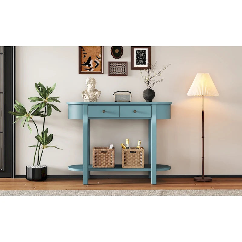 Console de style vintage avec 2 tiroirs de rangement, étagère inférieure ouverte et design incurvé pour entrée de maison et hôtel