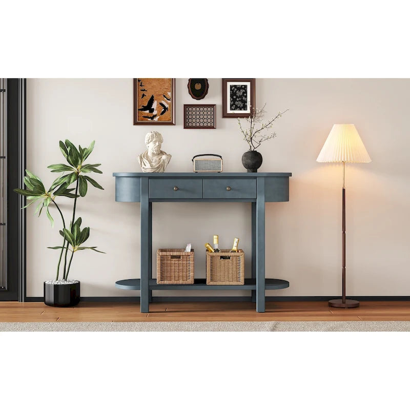 Console de style vintage avec 2 tiroirs de rangement, étagère inférieure ouverte et design incurvé pour entrée de maison et hôtel