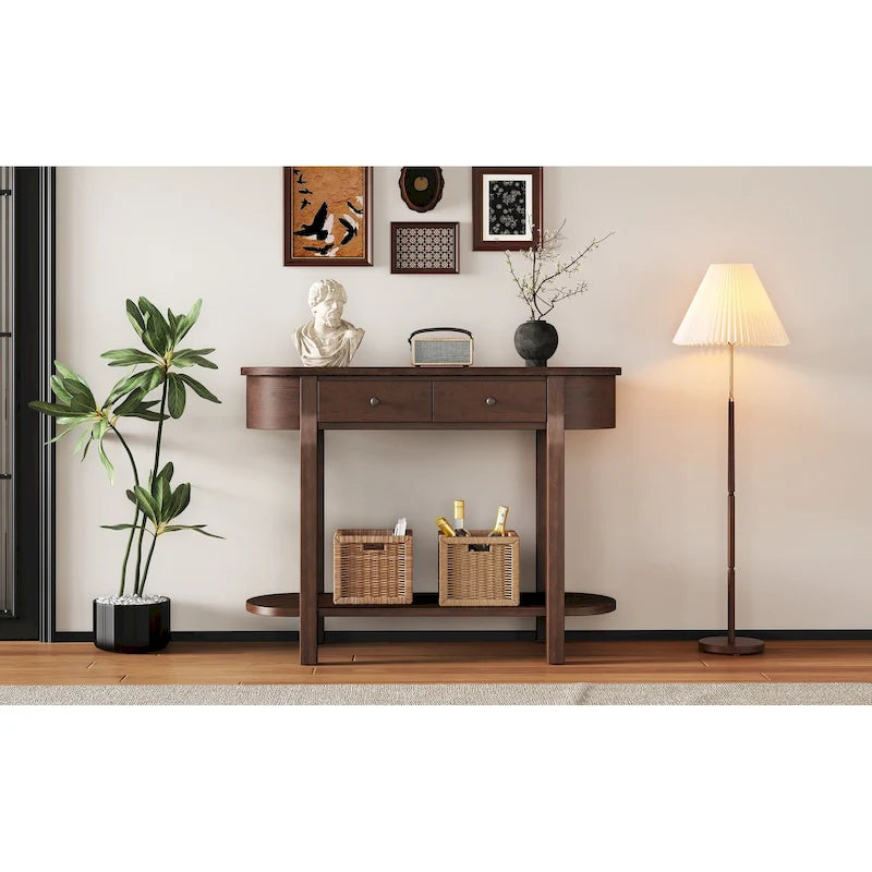Console de style vintage avec 2 tiroirs de rangement, étagère inférieure ouverte et design incurvé pour entrée de maison et hôtel