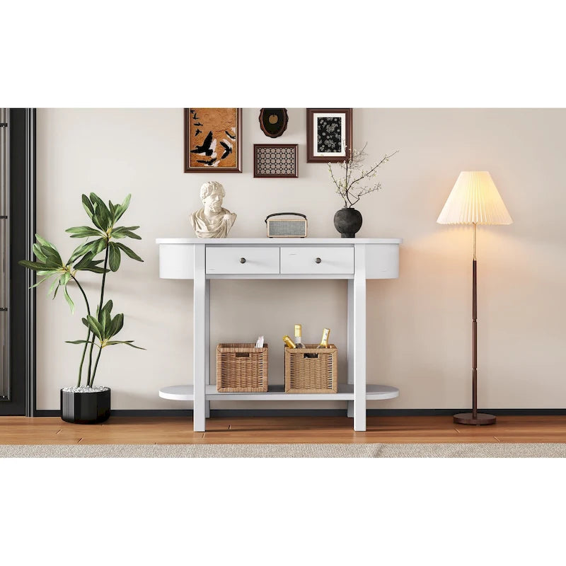 Console de style vintage avec 2 tiroirs de rangement, étagère inférieure ouverte et design incurvé pour entrée de maison et hôtel