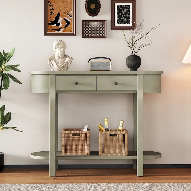 Console de style vintage avec 2 tiroirs de rangement, étagère inférieure ouverte et design incurvé pour entrée de maison et hôtel
