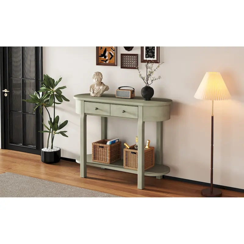 Console de style vintage avec 2 tiroirs de rangement, étagère inférieure ouverte et design incurvé pour entrée de maison et hôtel