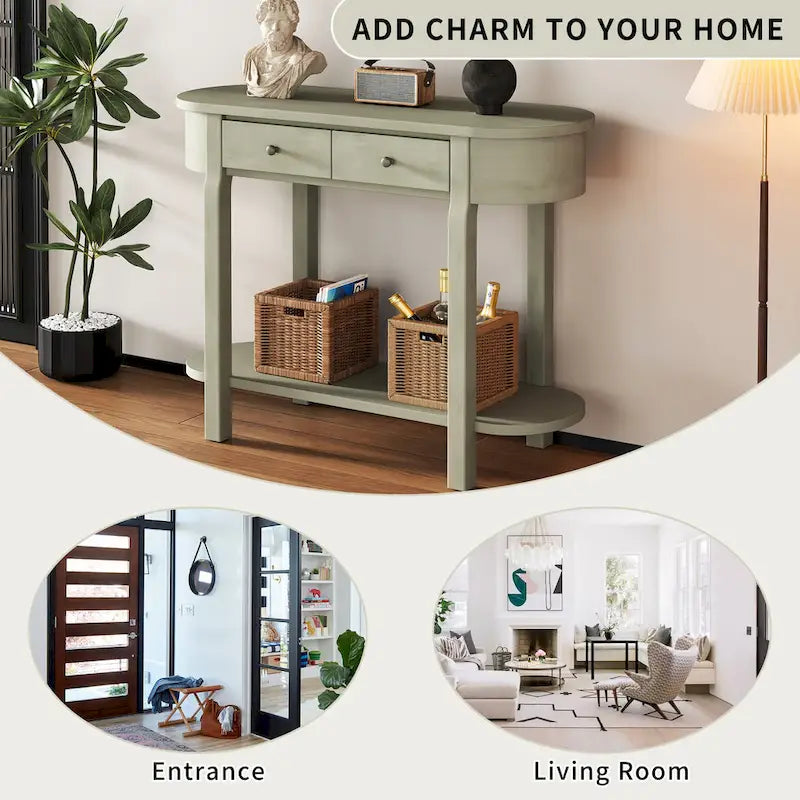 Console de style vintage avec 2 tiroirs de rangement, étagère inférieure ouverte et design incurvé pour entrée de maison et hôtel