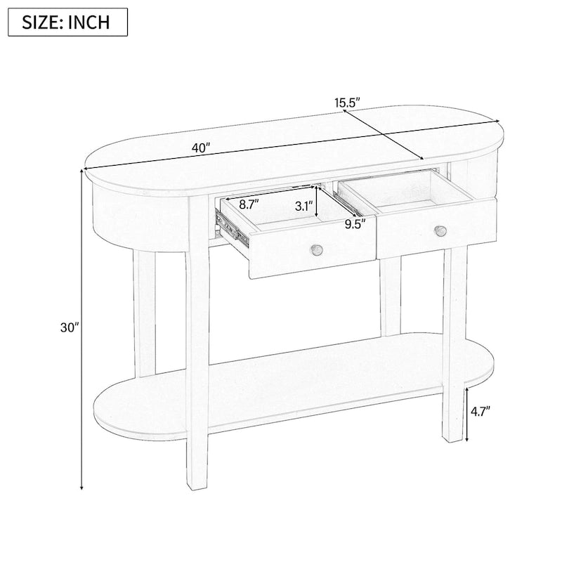 Console de style vintage avec 2 tiroirs de rangement, étagère inférieure ouverte et design incurvé pour entrée de maison et hôtel