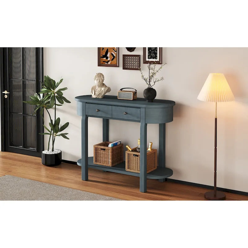 Console de style vintage avec 2 tiroirs de rangement, étagère inférieure ouverte et design incurvé pour entrée de maison et hôtel