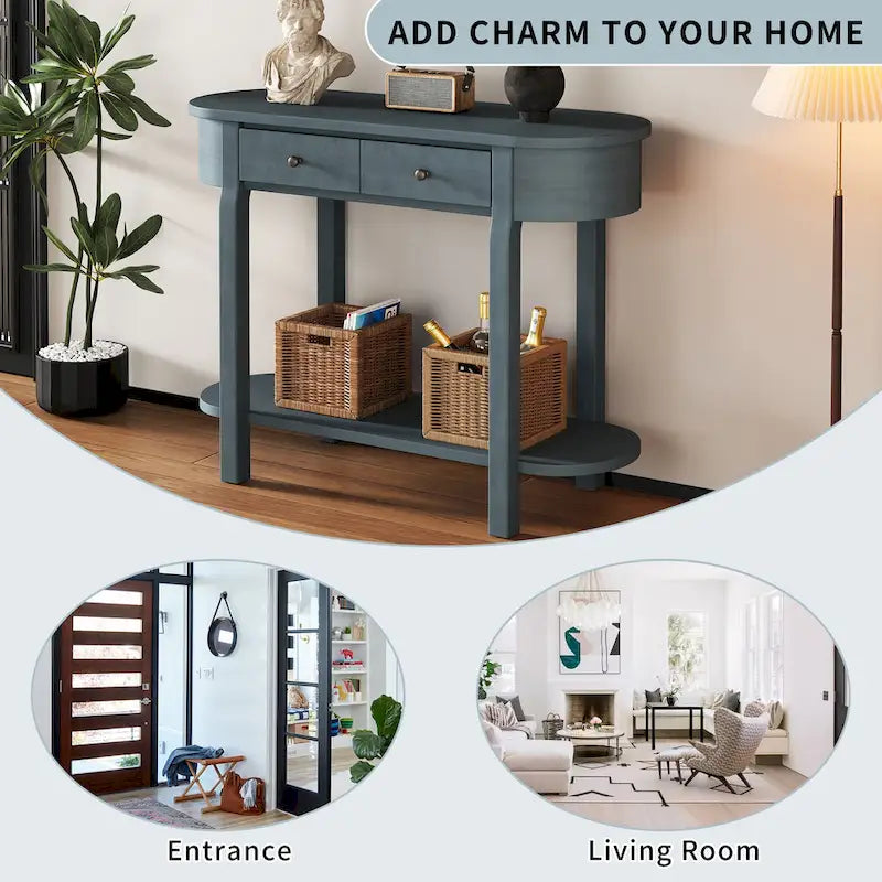 Console de style vintage avec 2 tiroirs de rangement, étagère inférieure ouverte et design incurvé pour entrée de maison et hôtel