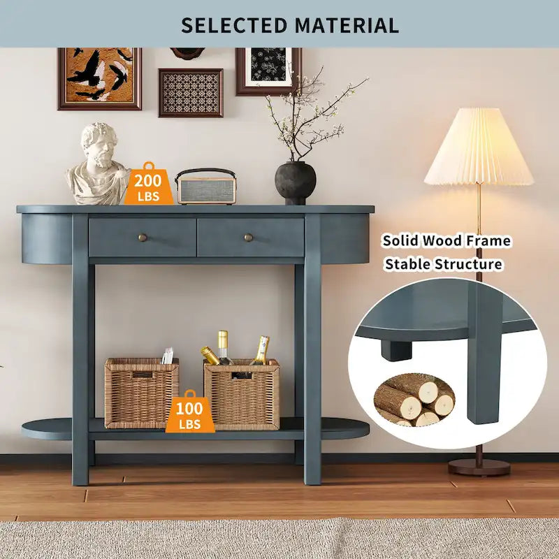 Console de style vintage avec 2 tiroirs de rangement, étagère inférieure ouverte et design incurvé pour entrée de maison et hôtel