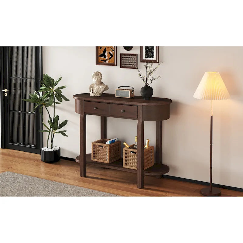 Console de style vintage avec 2 tiroirs de rangement, étagère inférieure ouverte et design incurvé pour entrée de maison et hôtel
