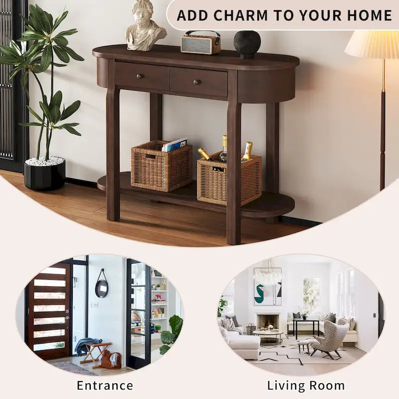 Console de style vintage avec 2 tiroirs de rangement, étagère inférieure ouverte et design incurvé pour entrée de maison et hôtel