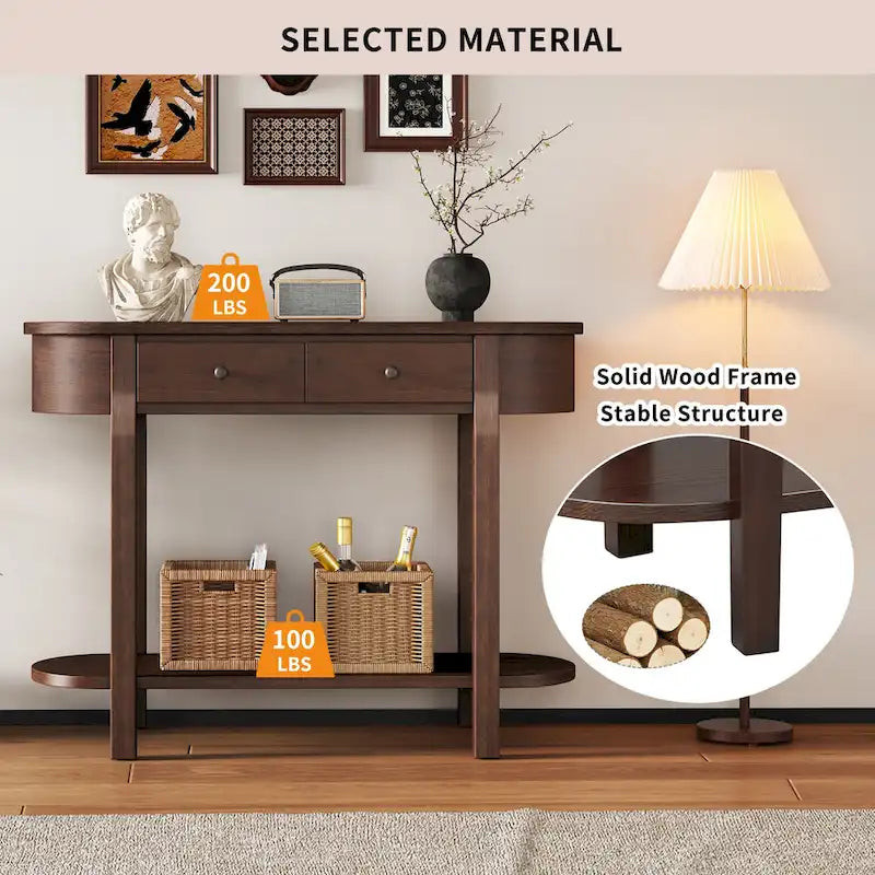 Console de style vintage avec 2 tiroirs de rangement, étagère inférieure ouverte et design incurvé pour entrée de maison et hôtel