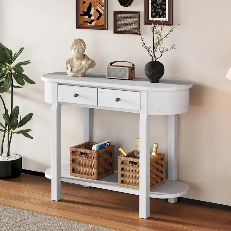 Console de style vintage avec 2 tiroirs de rangement, étagère inférieure ouverte et design incurvé pour entrée de maison et hôtel