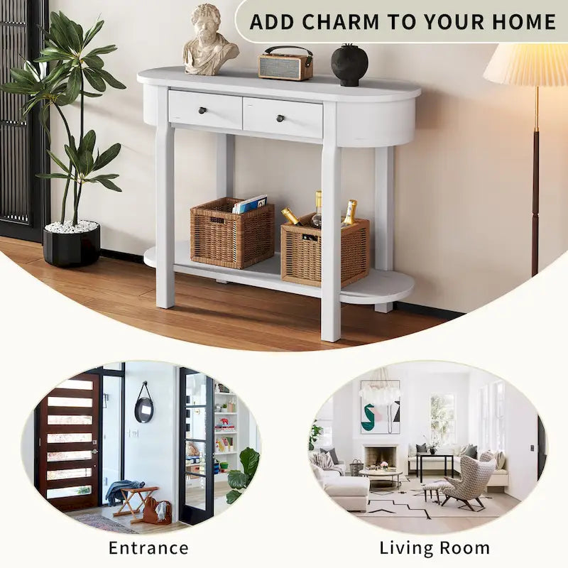 Console de style vintage avec 2 tiroirs de rangement, étagère inférieure ouverte et design incurvé pour entrée de maison et hôtel