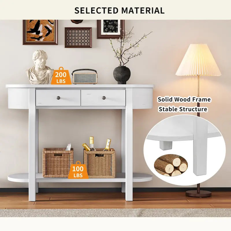 Console de style vintage avec 2 tiroirs de rangement, étagère inférieure ouverte et design incurvé pour entrée de maison et hôtel