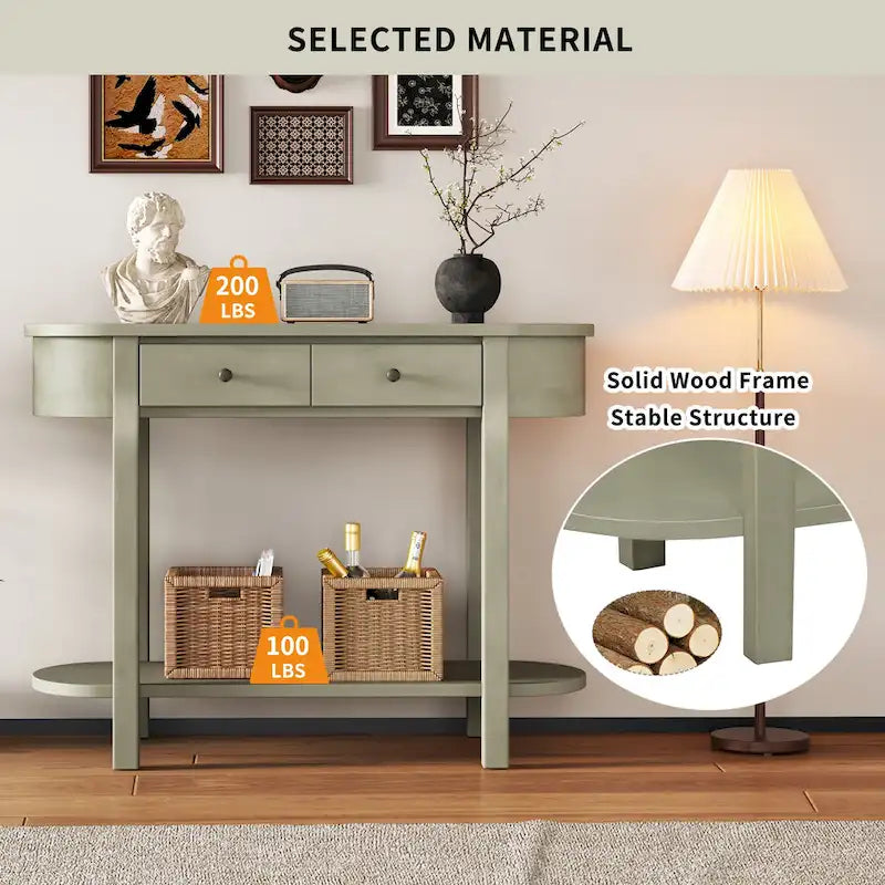 Console de style vintage avec 2 tiroirs de rangement, étagère inférieure ouverte et design incurvé pour entrée de maison et hôtel
